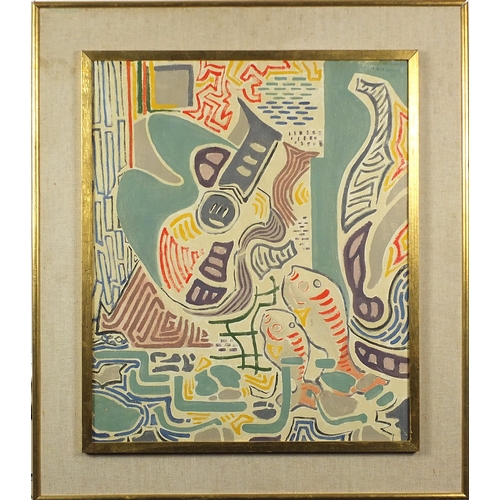 1505 - Abstract composition, geometric shapes and fish, oil on canvas, mounted and framed, 59.5cm x 49cm ex... 