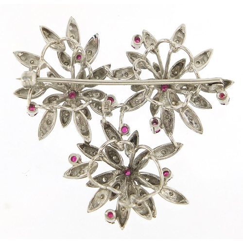 2 - 18ct white gold ruby and diamond floral bouquet brooch, 4cm high, 14.6g