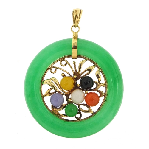 248 - Chinese 14ct gold multi coloured jade floral pendant, 4cm high, 7.4g