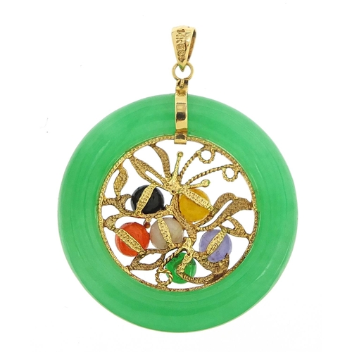 248 - Chinese 14ct gold multi coloured jade floral pendant, 4cm high, 7.4g