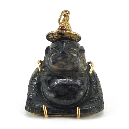 50 - Chinese 14ct gold carved stone Buddha pendant, 3.5cm high, 10.4g