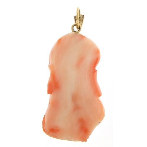 100 - Chinese carved coral pendant of an elder with unmarked gold mount, 4.2cm high, 9.7g