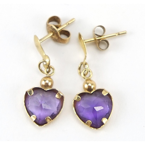 159 - Pair of unmarked gold amethyst love heart drop earrings, 2cm high, 1.0g