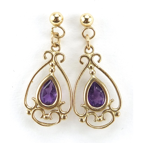 328 - Pair of unmarked gold amethyst drop earrings, 2.2cm high, 1.2g