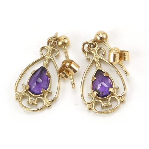 328 - Pair of unmarked gold amethyst drop earrings, 2.2cm high, 1.2g