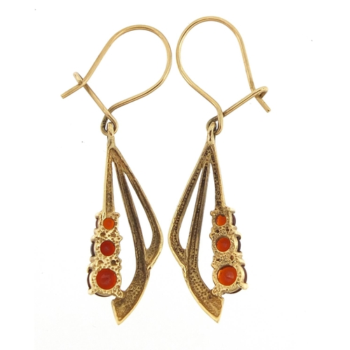 348 - Pair of unmarked gold garnet drop earrings, 3.5cm high, 1.9g