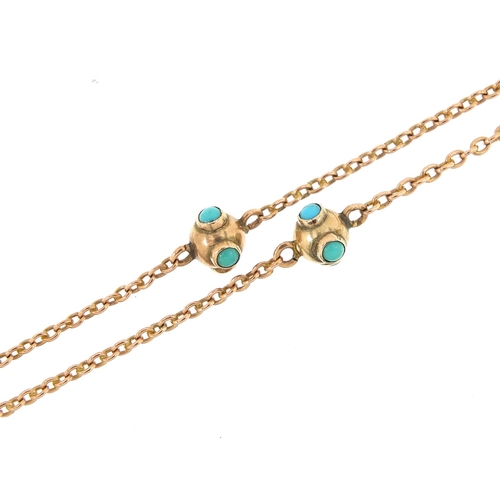 72 - Victorian unmarked gold and turquoise Longuard chain, (tests as 9ct gold) 76cm in length, 7.7g