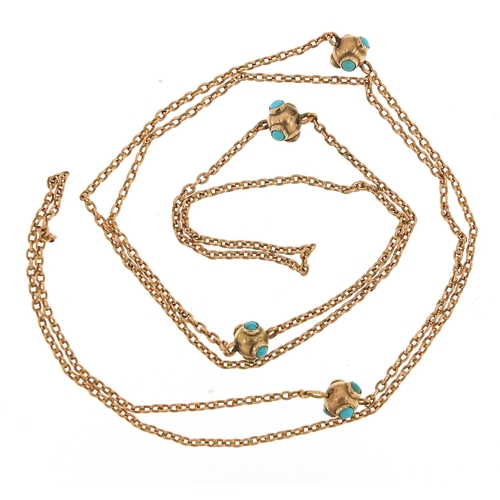 72 - Victorian unmarked gold and turquoise Longuard chain, (tests as 9ct gold) 76cm in length, 7.7g