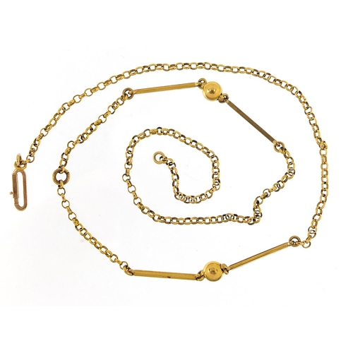 113 - Unmarked gold ball and bar link necklace, (tests as 14ct gold) 40cm in length, 3.5g