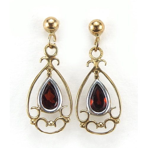 263 - Pair of 9ct gold garnet tear drop earrings, 2.1cm high, 1.1g