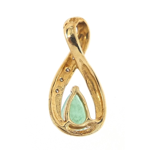 138 - 9ct gold diamond and emerald tear drop pendant, 1.8cm high, 1.0g