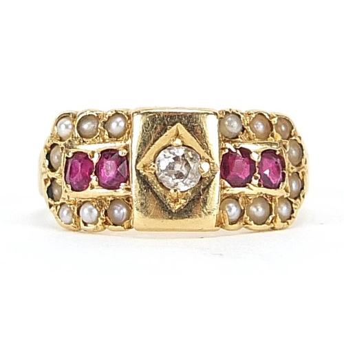 78 - Victorian 18ct gold diamond ruby and seed pearl ring, Chester 1889, size F, 2.3g