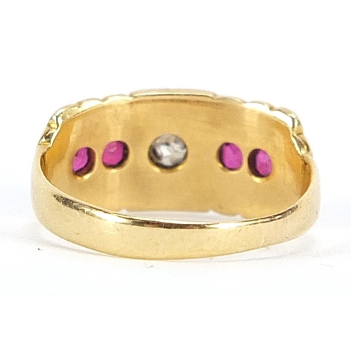 78 - Victorian 18ct gold diamond ruby and seed pearl ring, Chester 1889, size F, 2.3g