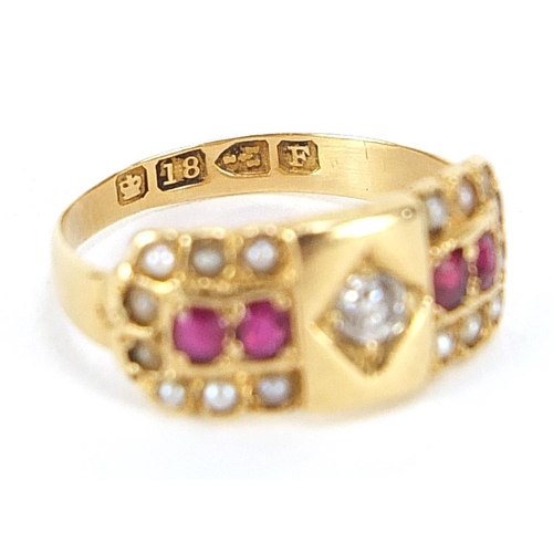 78 - Victorian 18ct gold diamond ruby and seed pearl ring, Chester 1889, size F, 2.3g