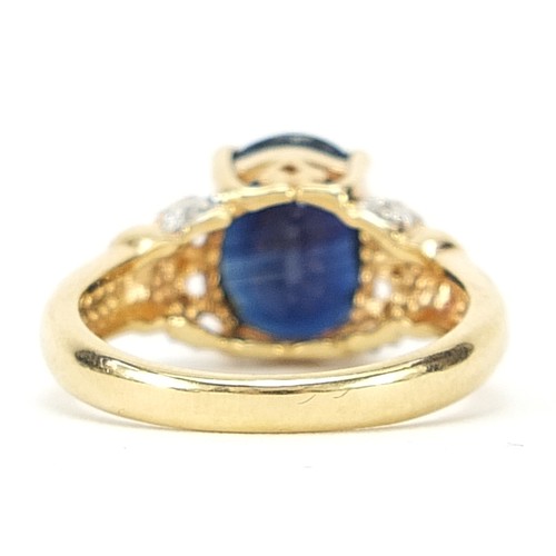 158 - 18ct gold sapphire ring with diamond set shoulders, size N, 6.0g