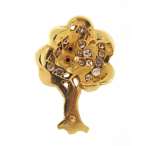 256 - 18ct gold diamond tree design tie tack with enamelled apple, 2.4cm high, 5.3g