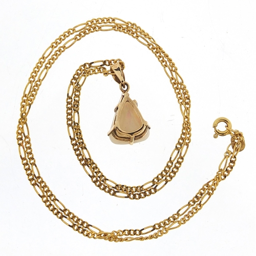 313 - 9ct gold opal pendant on a 9ct gold Figaro link necklace, 2.2cm high and 47cm in length, 5.4g