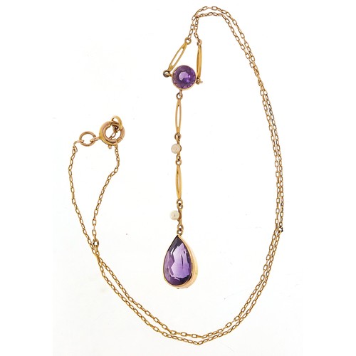 97 - 9ct gold amethyst tear drop and seed pearl necklace, 40cm in length, 3.1g