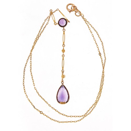 97 - 9ct gold amethyst tear drop and seed pearl necklace, 40cm in length, 3.1g