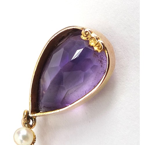 97 - 9ct gold amethyst tear drop and seed pearl necklace, 40cm in length, 3.1g