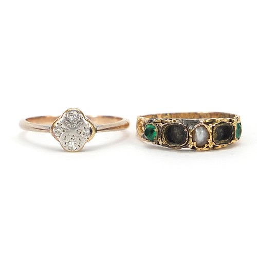 312 - Unmarked gold diamond ring and antique 15ct gold ring set with stones, both size M, 3.3g