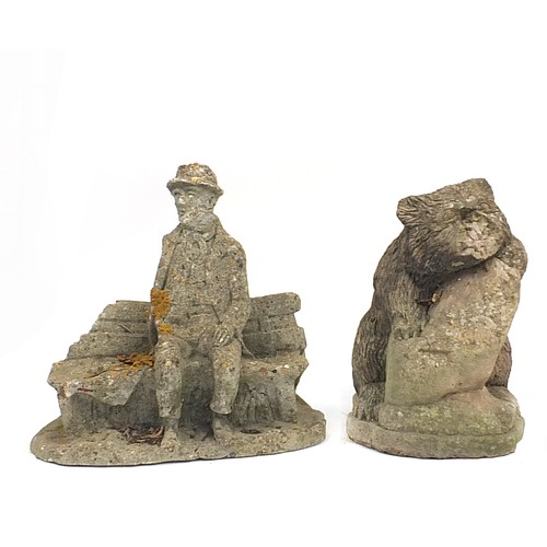 1504 - Garden stoneware planters and figures including a bear and water mill, the largest 42cm high