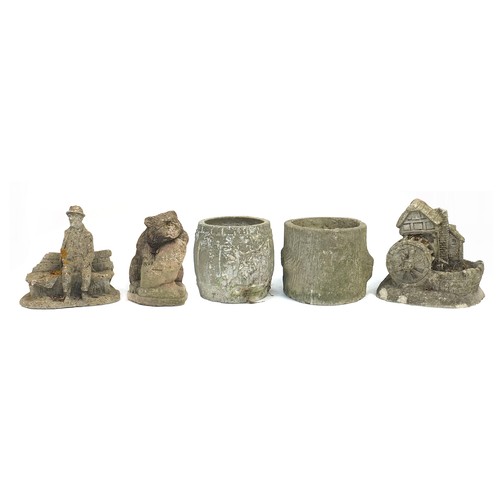 1504 - Garden stoneware planters and figures including a bear and water mill, the largest 42cm high