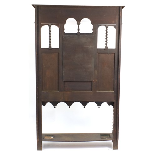 1493 - Antique carved oak hall stand with mirrored back and glove box, 215cm H x 122cm W x 31cm D