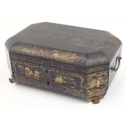 1 - Chinese chinoiserie black lacquered sewing box with fitted lift out interior housing various Chinese... 