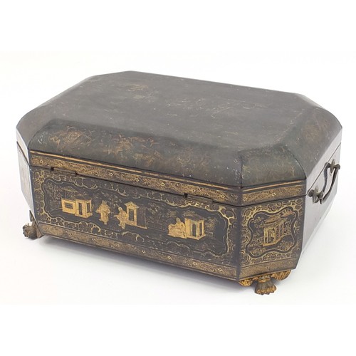 1 - Chinese chinoiserie black lacquered sewing box with fitted lift out interior housing various Chinese... 