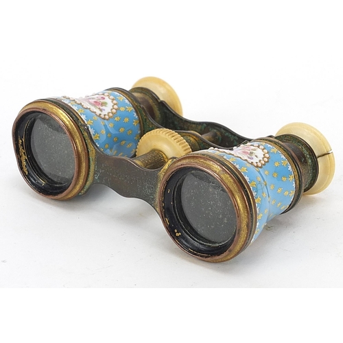 8 - Pair of 19th century brass and ivory opera glasses with enamelled jewelled barrels hand painted with... 