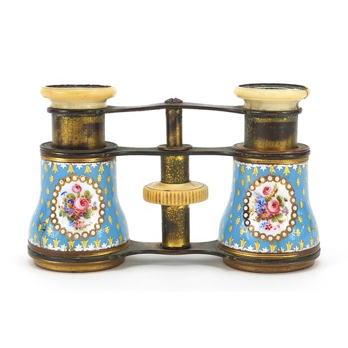 8 - Pair of 19th century brass and ivory opera glasses with enamelled jewelled barrels hand painted with... 