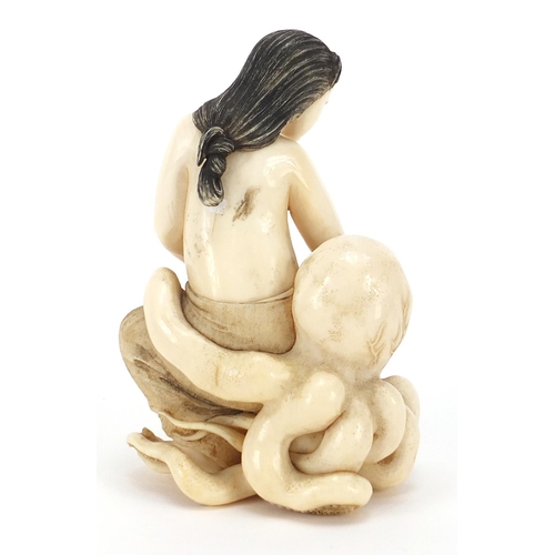 3 - Japanese carved ivory okimono of a female and octopus, 11cm high