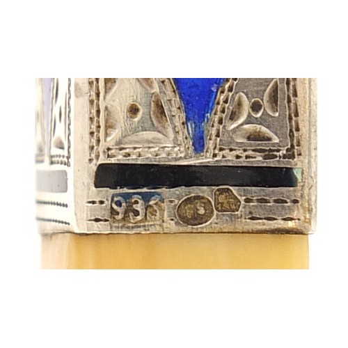 7 - Art Deco Savoy ivory and silver blue guilloche enamel cigarette holder, 935 and makers hallmarks, ho... 