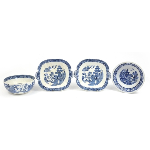 159 - Wedgwood blue and white Willow pattern bowl, two large cake plates and an Old Alton ware blue and wh... 