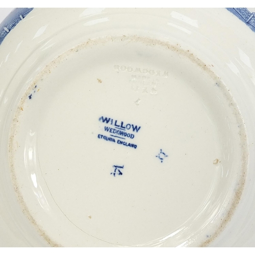 159 - Wedgwood blue and white Willow pattern bowl, two large cake plates and an Old Alton ware blue and wh... 