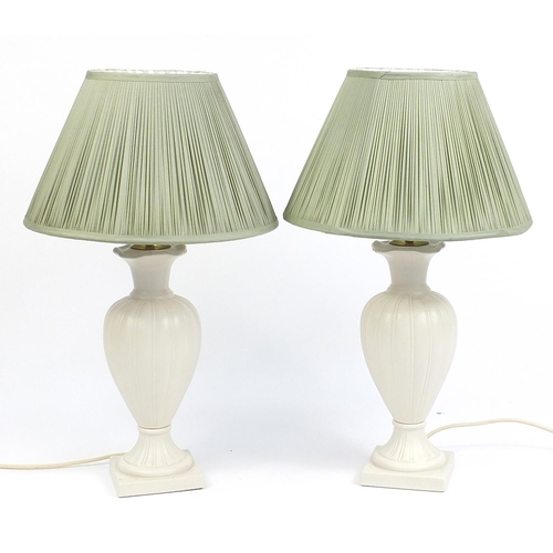 155 - Large pair of ceramic table lamps with green shades, overall 60cm high