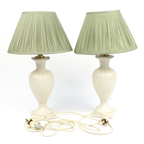 155 - Large pair of ceramic table lamps with green shades, overall 60cm high