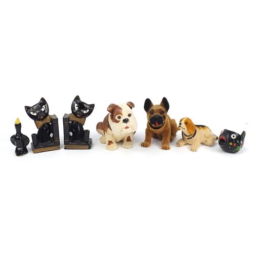 16 - Retro nodding Bulldog, Terrier and Beagle, pair of ceramic stylish cat bookends, spotted fish and a ... 