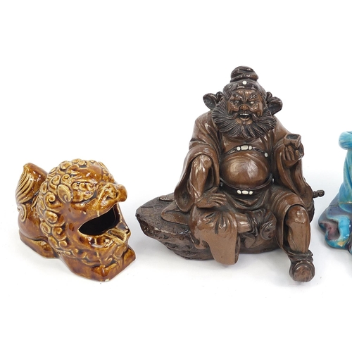 22 - Two seated Chinese ceramic Elders, Foo dog  and bronzed Tang style horse, the largest 19cm high