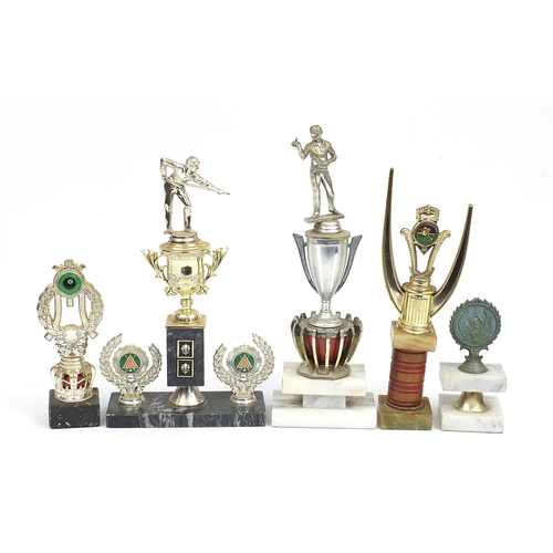 227 - Selection of trophies including large darts and snooker examples, the largest 35cm high