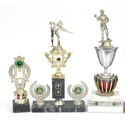 227 - Selection of trophies including large darts and snooker examples, the largest 35cm high