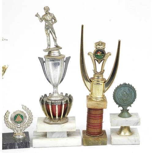 227 - Selection of trophies including large darts and snooker examples, the largest 35cm high