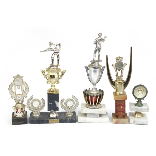 227 - Selection of trophies including large darts and snooker examples, the largest 35cm high