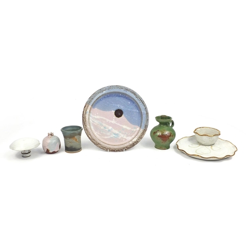 96 - Studio ceramics including lily pad plate, toadstool and sunrise plate, the plate 31cm in diameter