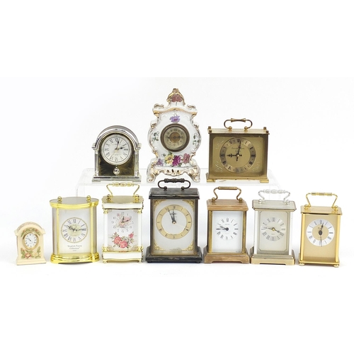 42 - Selection of mantle clocks including a ceramic floral example, Seiko quartz and alabaster the larges... 