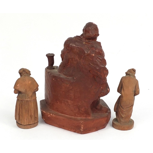 252 - Large terracotta model of a portly gentleman Barney Seale and pair of terracotta figures of an old l... 