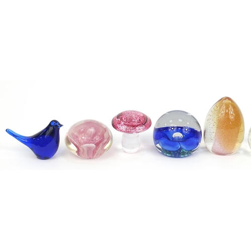 15 - Assorted glass paperweights including bird design, Caithness, rose design and a mushroom, the larges... 