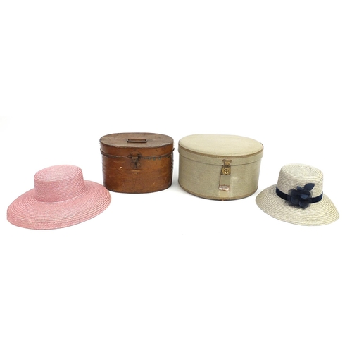 156 - Victorian tin hat box, retro hat box and hats