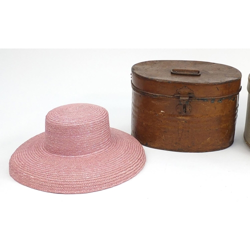 156 - Victorian tin hat box, retro hat box and hats